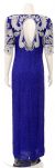 Half Sleeves v-Neck Long Beaded Evening Gown with Keyhole back in Royal Blue/White